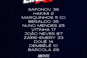 巴黎法国杯首发：登贝莱、维蒂尼亚出战，多纳鲁马替补